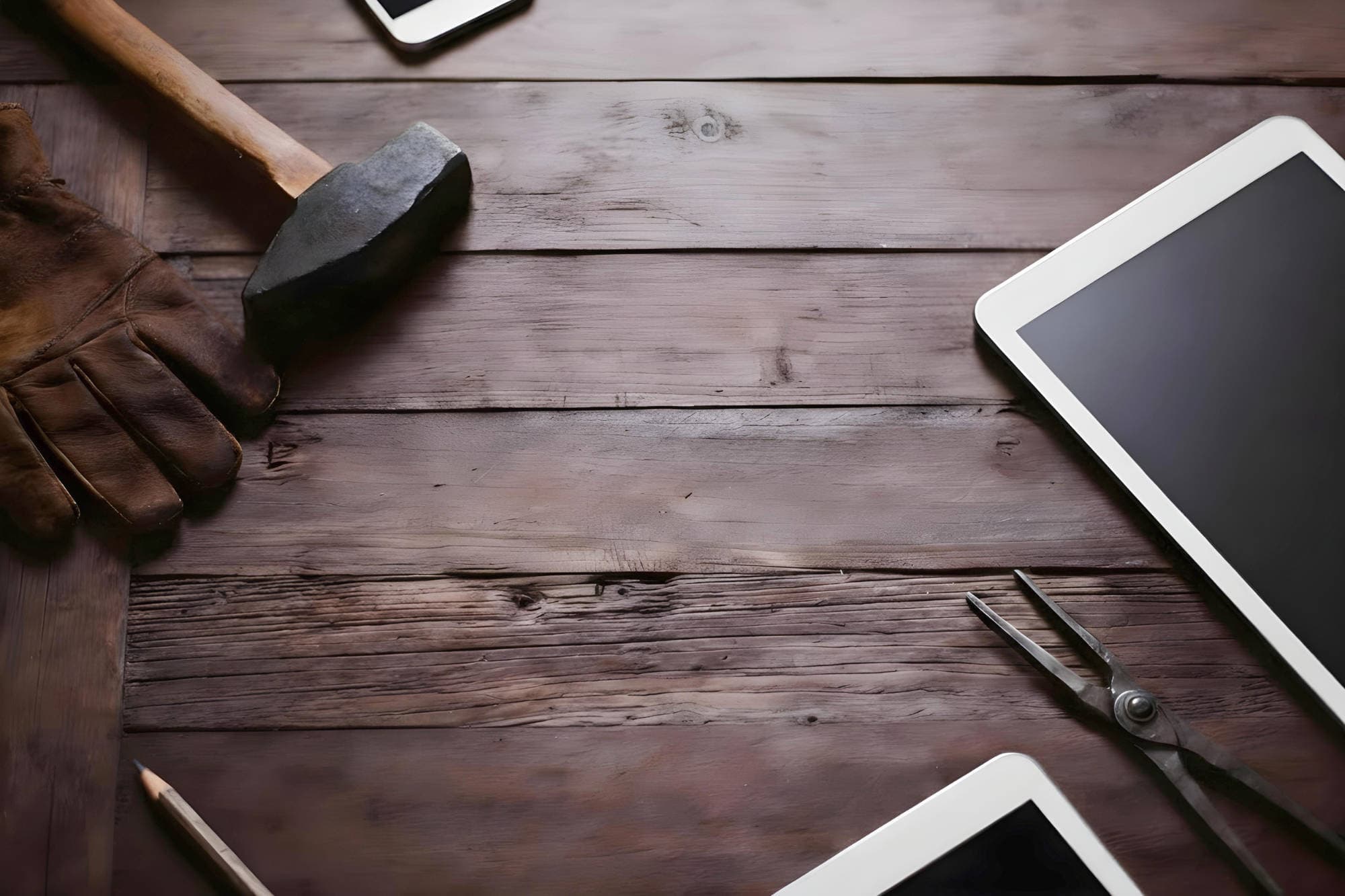 Spire Forge workbench with blacksmith tools and digital devices—forging craftsmanship in web design and development.
